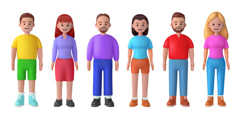 3d people. Man and woman isolated render person, avatars design, human face of boy or girl, happy young smiling students. Standing characters in bright minimal clothes. Vector icons