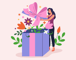 Woman with gift box. Open wrapped present, surprise birthday package, happy excited girl people with bonus. Giveaway winner portrait. Party congratulation. Vector cartoon flat isolated concept