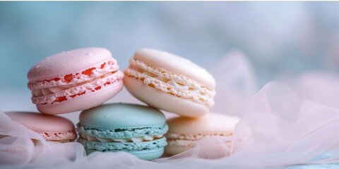 Obraz premium Macarons Sweet French Homemade Dessert, gift card, pastel background, minimal creative concept. Delicious macarons, detailed. Grocery product advertising.