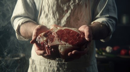 Butcher Presenting Fresh Raw Beef Steak in Moody Kitchen - Powered by Adobe