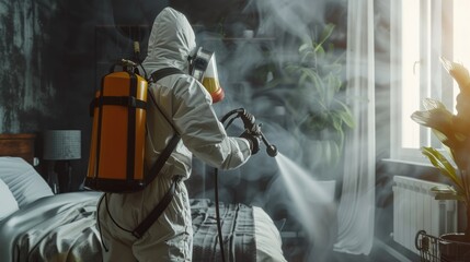 Professional Pest Control Expert Spraying Insecticide in Bedroom