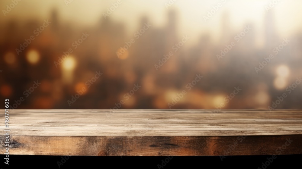 Poster the empty wooden table top with blur background of empty room . exuberant image. generative ai