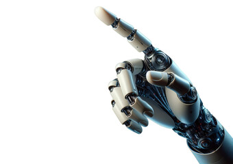 Robot hand pointing finger transparent background. White robotic hand showing something isolated. White robot hand pointing at something transparent background.