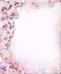 Pink orchids frame with pearls on a blurred background in watercolor style