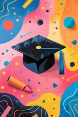 black graduation cap on abstract bright background, vertical, graduation - obrazy, fototapety, plakaty