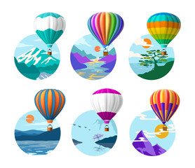 Hot air balloon. Aerial travel. Adventure journey. Scenic nature landscape. Wild mountains. River water. Ballooning flight. Sky clouds. Flying vehicle. Vector summer tourism banners set