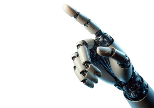 Robot hand pointing finger transparent background. White robotic hand showing something isolated. White robot hand pointing at something transparent background.