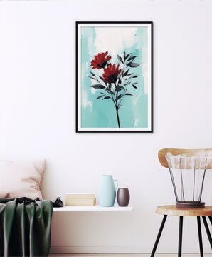 vibrant red flowers with dark green leaves against a pale blue background, painted in an abstract style with bold brushstrokes, perfect for a contemporary interior