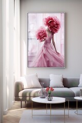 Pink surreal woman with flower head and dress in bright room, pink and white colors, digital art, art deco, interior, kitsch