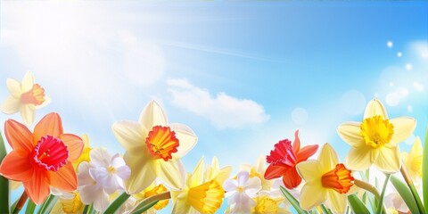 Colorful daffodils in full bloom against a bright blue sky and white clouds, in a realistic style, suitable for spring or summer themes.