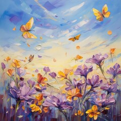 Oil painting of purple and yellow flowers with butterflies in a field under a blue sky with white clouds.