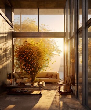 A modern living room with a large vase of yellow flowers by the floor-to-ceiling windows