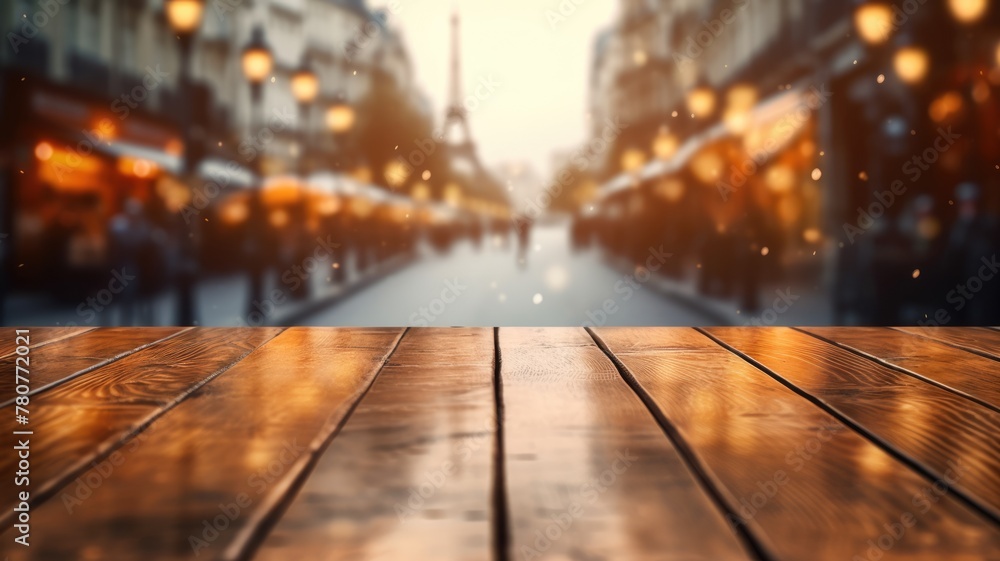 Poster the empty wooden table top with blur background of european street. exuberant image. generative ai