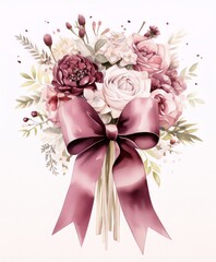 Pink and cream watercolor bouquet with a big pink bow,watercolor,botanical,vintage,feminine