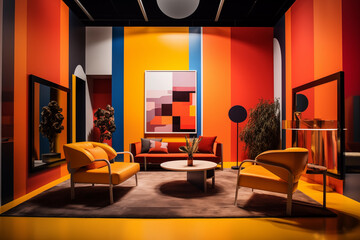 Fototapeta premium Colorful modern interior featuring two yellow armchairs, sofa and contemporary paintings. Generative AI