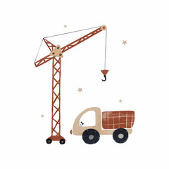 Beautiful hand drawn watercolor illustration with cute baby toys. Construction equipment clip art. Construction crane