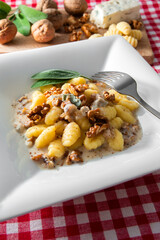 Piatto di deliziosi gnocchi di patate con gorgonzola e noci, pasta italiana, cibo europeo  - 780772065