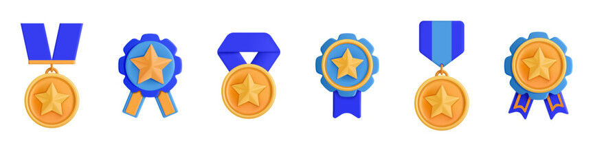 3D award icon. Winner medal. Quality guarantee. Gold star. Championship reward. Best badge for advantage certificate. Top win achievement. Render first place prize. Vector cartoon set