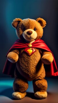 A charming teddy bear dressed as a superhero stands boldly, ready to embark on heartwarming adventures.