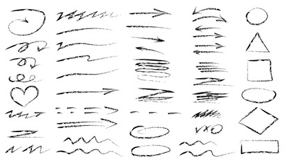 Black dry brush marks, pencil squiggles and scribbles. Hand drawn vector pencil drawing of various lines, spirals and designs, chalk strokes, pencil dividers. Curly lines. Vector illustration.  - Powered by Adobe