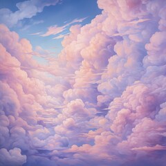 Pink cloudscape in a blue sky, painted in a realistic style with soft colors. - obrazy, fototapety, plakaty