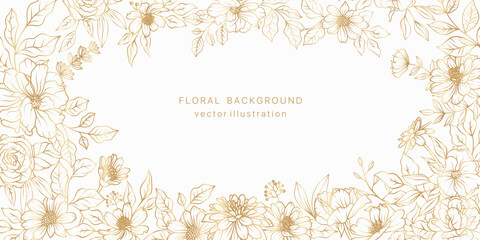 Gold flower line art background. Floral plant leaf golden frame design. Spring vintage bouquet luxury pattern. Vector illustration nature summer card