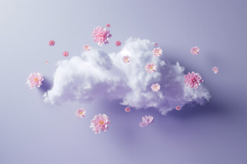 Cloud with flowers on purple pastel background. Minimal concept.