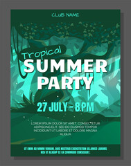 Summer jungle party. Tropical forest. Holiday event poster. Tree trunks and leaves. Festive date. Green foliage. Outdoor celebration. Dark wild woodland. Vector invitation flyer design