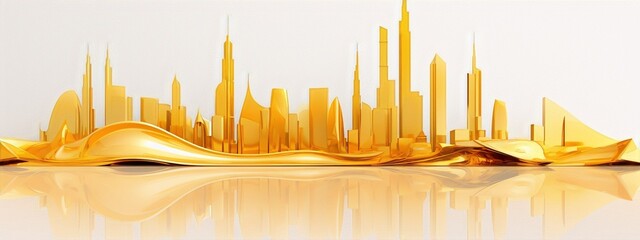 A golden futuristic cityscape with a white background in 3D rendering.