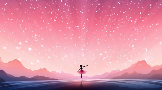 Graceful ballerina dancing on a frozen lake at sunset with a starry sky and pink background, digital art.