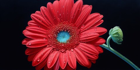 Red gerbera flower with dew drops on black background, photorealistic, botanical, interior, still life, hyperrealistic