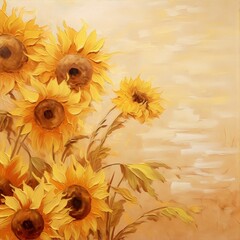 Oil painting of sunflowers with yellow petals and brown centers against a beige background in an impressionist style.