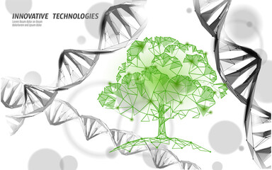  Plant tree biotechnology abstract concept. 3D render seedling tree leaves DNA genome engineering vitamin supplement. Medical science life eco polygon triangles low poly vector illustration
