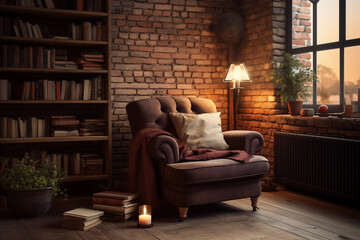 Cozy reading nook with a comfortable armchair and a stack of books. Generative AI - Powered by Adobe