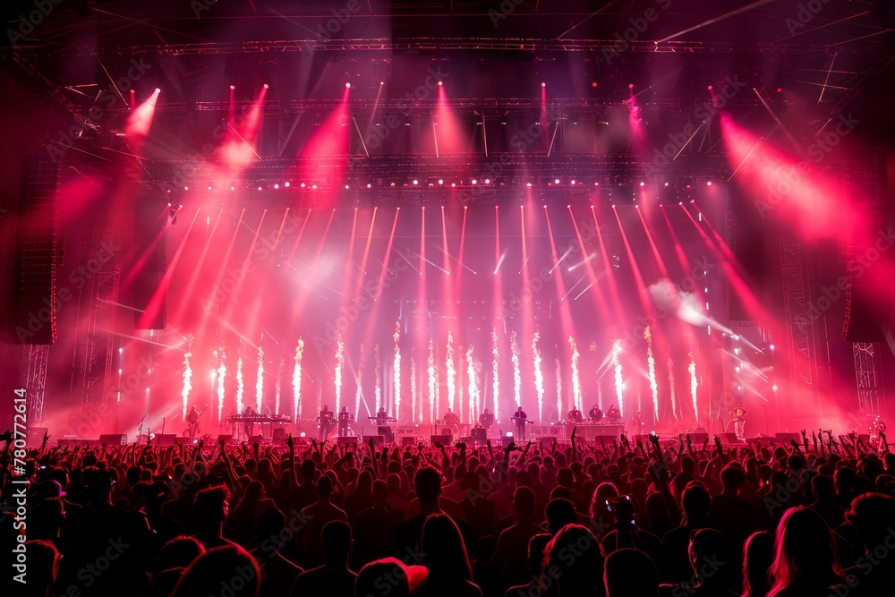 Poster a dynamic image capturing the energy of a live music concert with a crowd and stage illuminated by i