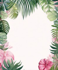 Fototapeta na wymiar Watercolor tropical leaves and hibiscus flowers frame, pink and green, botanical, art deco, interior, vintage
