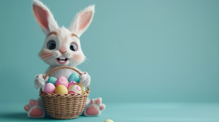 Easter bunny and Easter eggs on blue background. ai generated