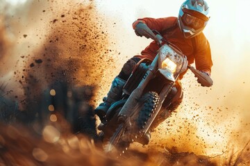 High-action shot of a motocross rider aggressively racing through a muddy course, captured in a sunset glow with mud splashing