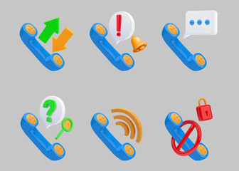 3D phone icons. Call customer service. Support contact center. Bubble speech. Render telephone receiver. Mobile ring. Cellphone communication. Chatting message. Vector cartoon elements set