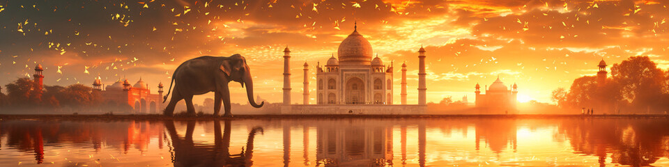 Panorama view of Indian elephant with Taj Mahal at sunset on background. Ancient arab city, east architecture. Happy Independence Day of India. Travel and tourism concept