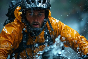 A male biker wearing a yellow rain jacket looking intensely focused while riding in heavy rain