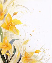 Yellow watercolor lilies with green leaves on a white background, digital art, soft, elegant, Art Nouveau.