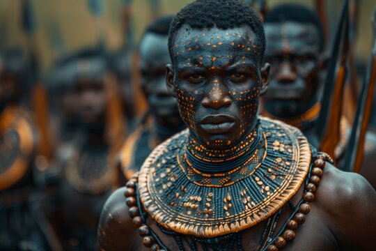A group of African men adorned with traditional tribal body paint and attire in a cultural display