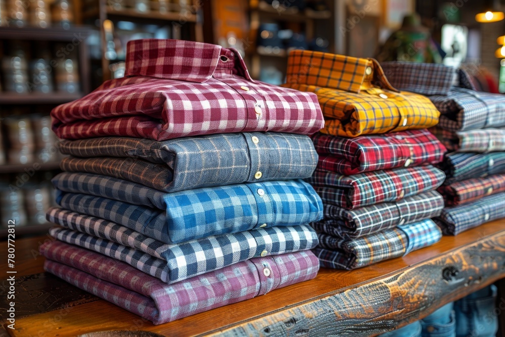 Poster stack of neatly folded checkered shirts on display in a clothing store, showcasing various patterns