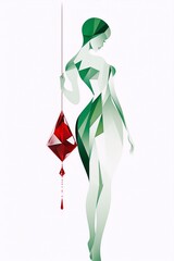 Green womanly body with polygonal shapes and a red crystal pendant on a white background, digital art, art deco, cubism