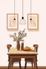 Minimalist interior with a wooden table, chairs, vase, and hanging lamps