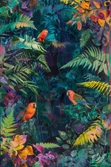 Obraz na płótnie Canvas Abstract Parrots in Wild Tropics, Vivid Jungle Birds Painting, Colorful Fauna Art