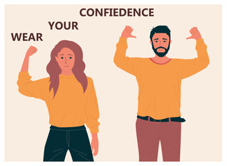 Confident people. Successful man and woman. Happy business workers with self-affirmative gestures. Confidence and healthy self-esteem. Optimistic persons. Vector motivational banner