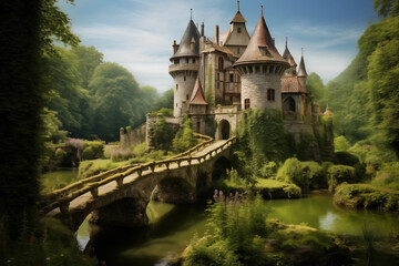 Fototapeta premium Enchanting fairytale castle atop a lush green hill, surrounded by a moat and drawbridge. Generative AI
