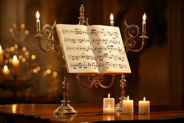 Essence of classical music, showcasing intricate sheet music notes gracefully arranged on a music...